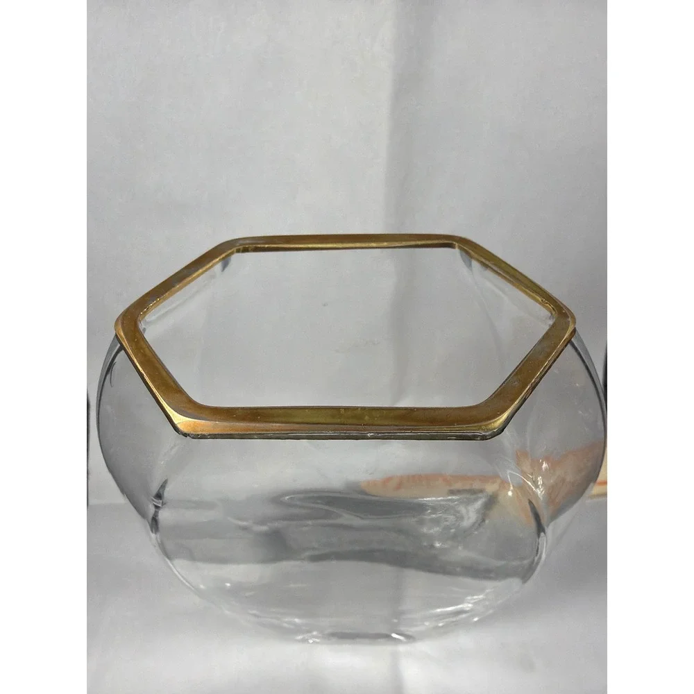 Vintage Clear Glass Hexagon Rim Vase Gold Trim